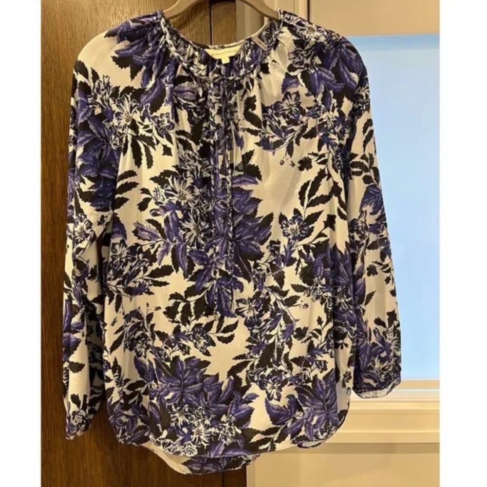 Rebecca Taylor White Black Purple Floral Silk Tie Shirt Blouse [Size 0]